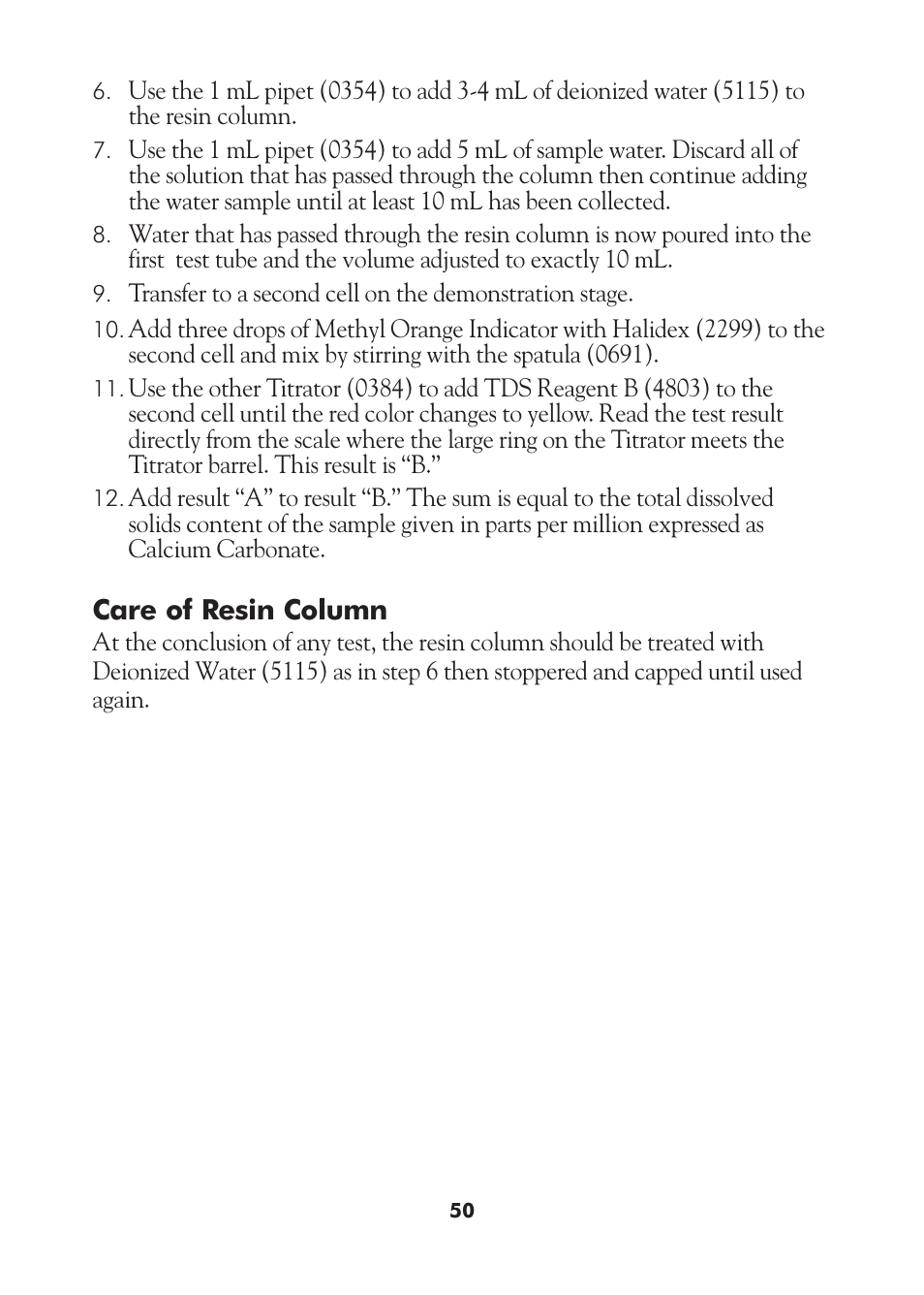 Care of resin column | LaMotte AM-21 Water Pollution Detection Outfit User Manual | Page 50 / 51