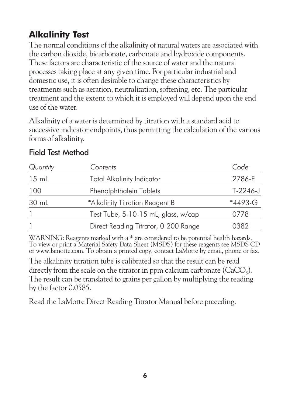 Alkalinity test | LaMotte AM-21 Water Pollution Detection Outfit User Manual | Page 6 / 51