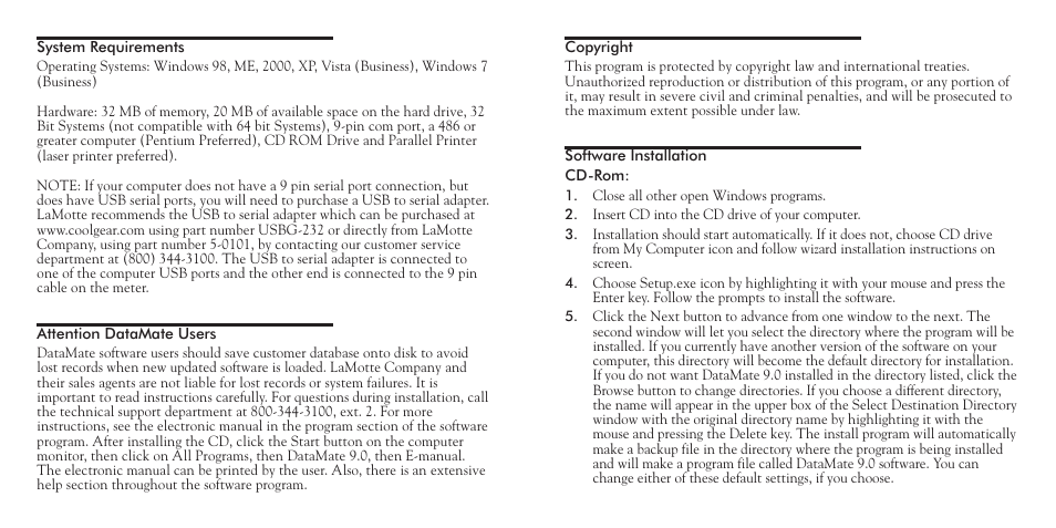 LaMotte DataMate 9.0 Software User Manual | Page 2 / 2