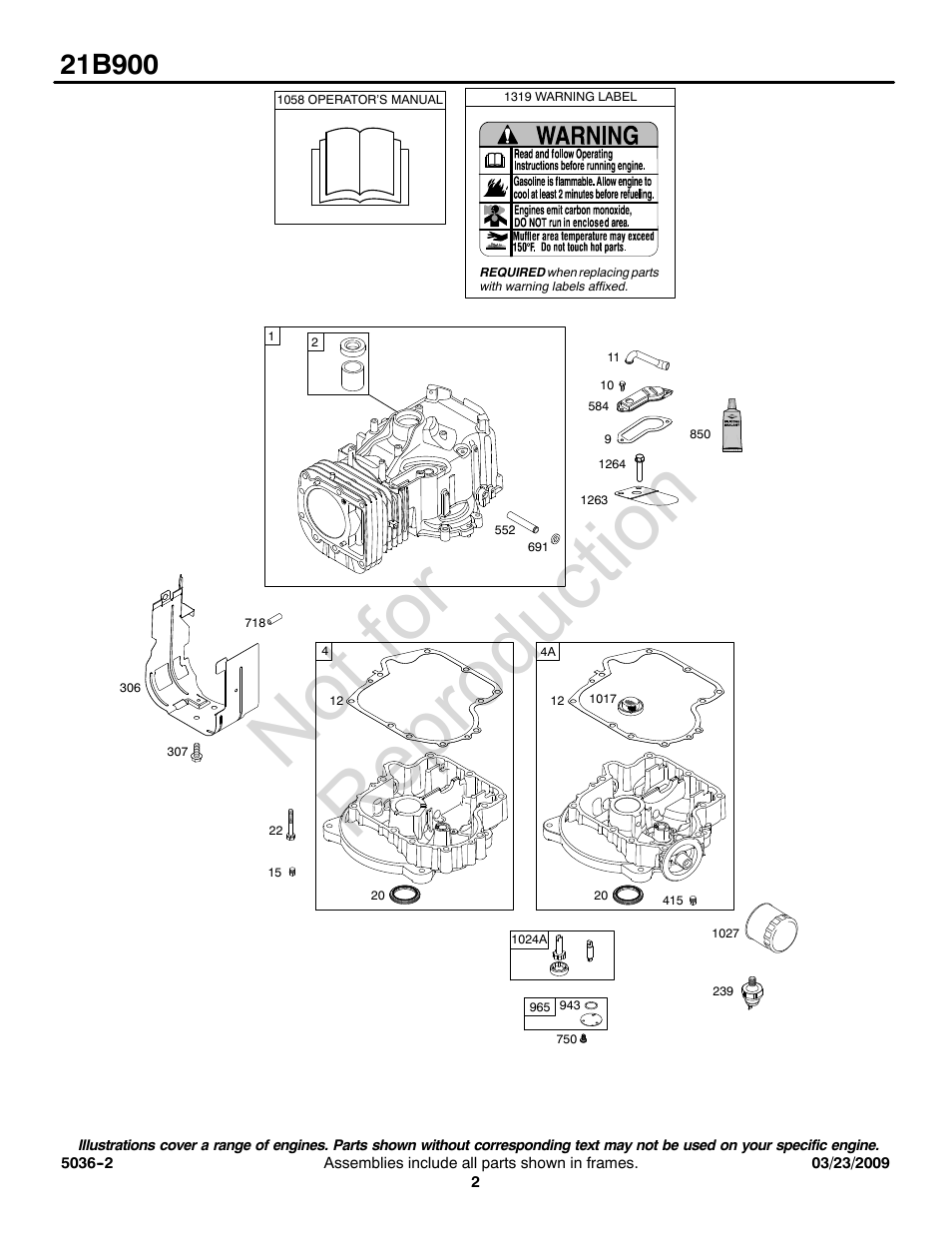 Not for reproduction | Briggs & Stratton Series 21B900 User Manual | Page 2 / 20