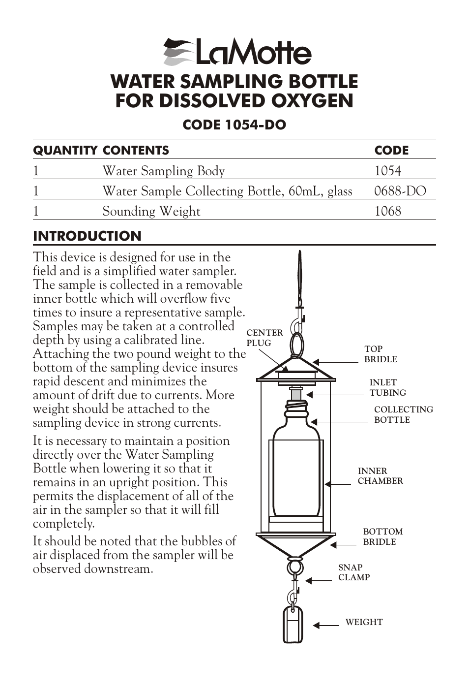 LaMotte WATER SAMPLING BOTTLE FOR DISSOLVED OXYGEN 1054-DO User Manual | 4 pages