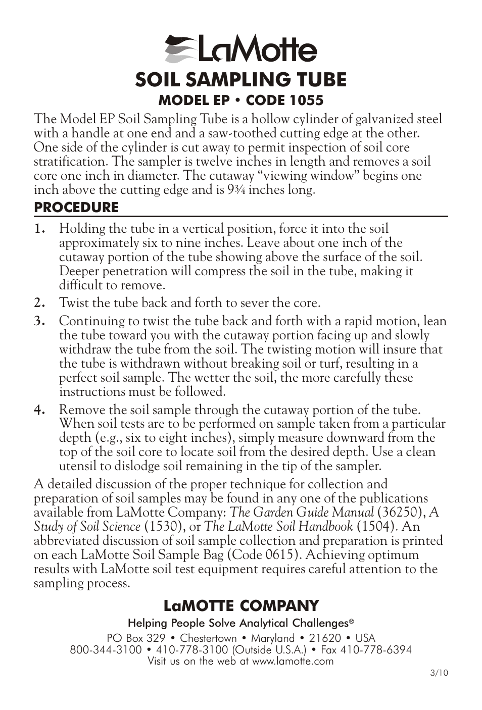 LaMotte SOIL SAMPLING TUBEEP 1055 User Manual | 1 page