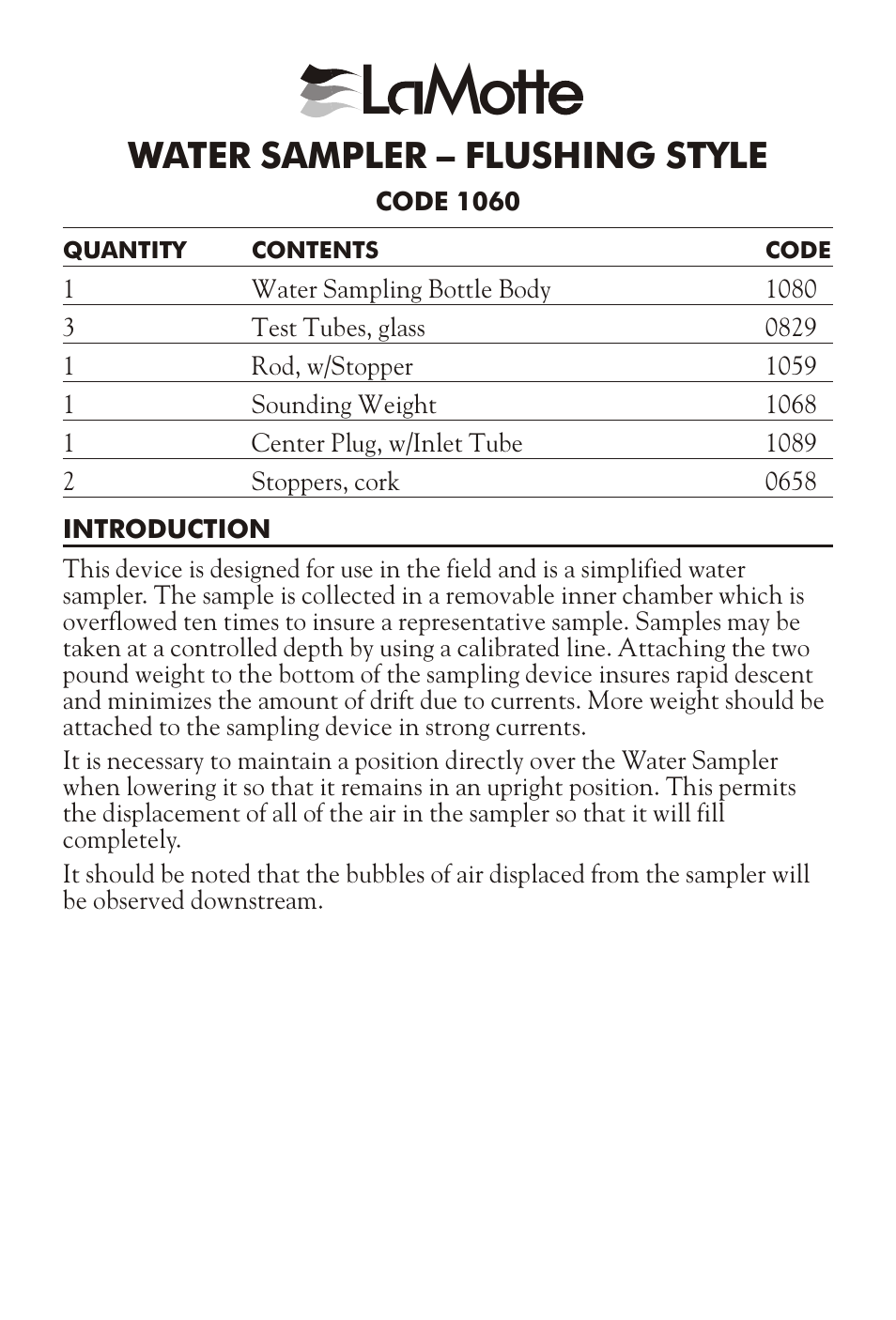 LaMotte WATER SAMPLER – FLUSHING STYLE 1060 User Manual | 4 pages