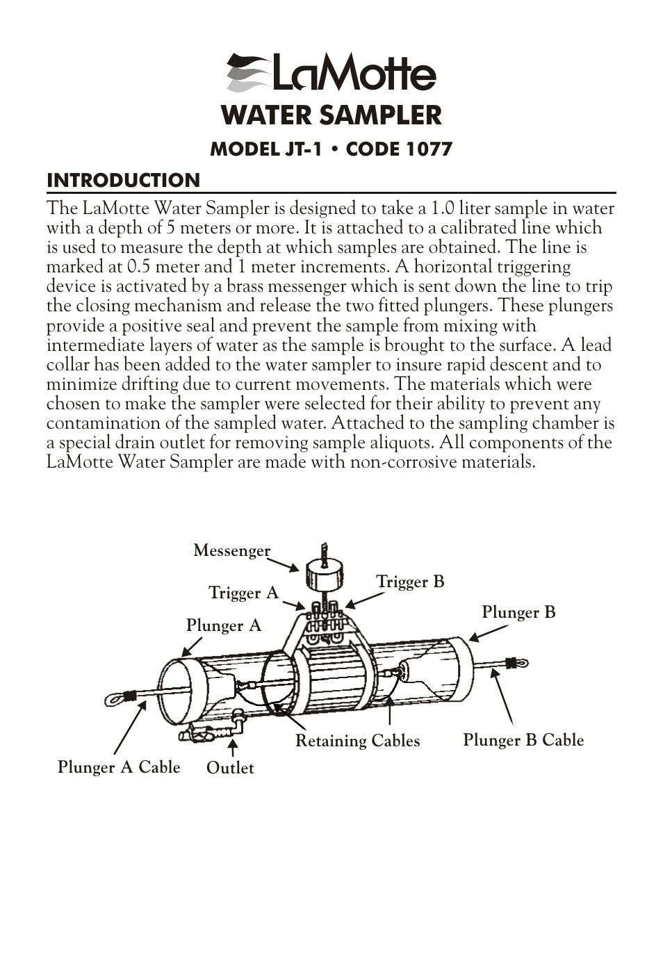 LaMotte WATER SAMPLER JT-1 1077 User Manual | 2 pages