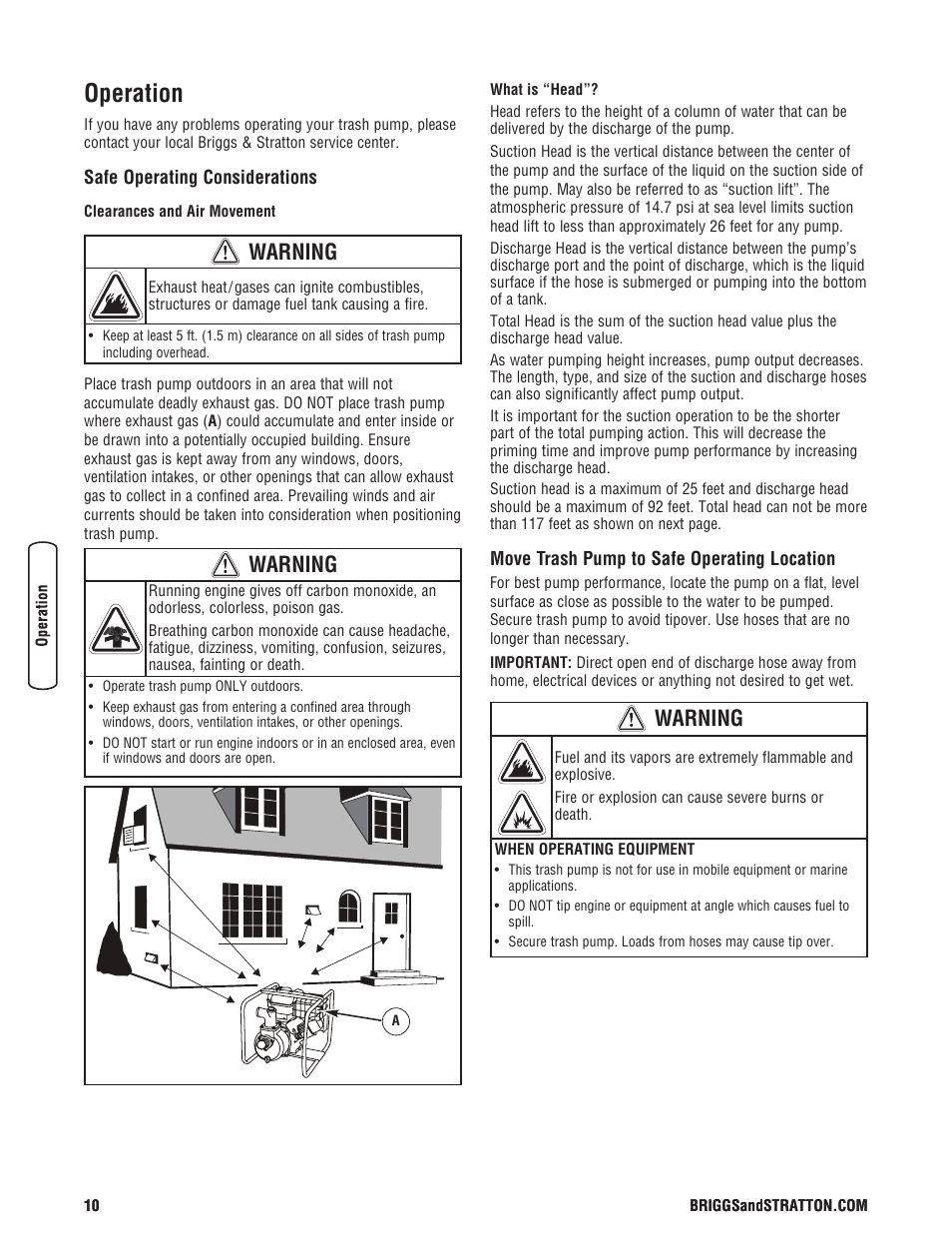 Operation, Warning | Briggs & Stratton PROSERIES 205378GS User Manual | Page 10 / 64