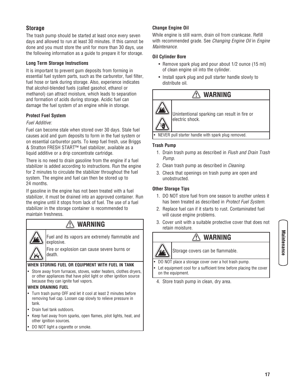 Storage, Warning | Briggs & Stratton PROSERIES 205378GS User Manual | Page 17 / 64