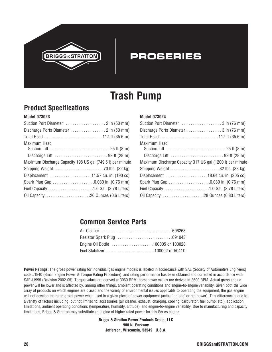Garantí, Garanti, Trash pump | Product specifications, Common service parts | Briggs & Stratton PROSERIES 205378GS User Manual | Page 20 / 64