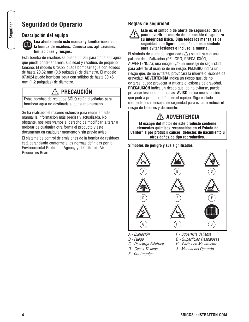 Seguridad de operario, Precaución, Advertencia | Briggs & Stratton PROSERIES 205378GS User Manual | Page 24 / 64