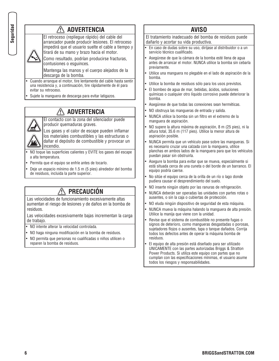 Advertencia, Precaución, Aviso | Briggs & Stratton PROSERIES 205378GS User Manual | Page 26 / 64