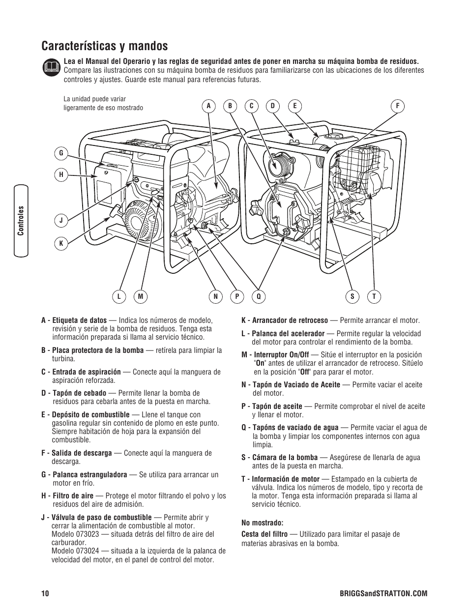 Características y mandos | Briggs & Stratton PROSERIES 205378GS User Manual | Page 30 / 64