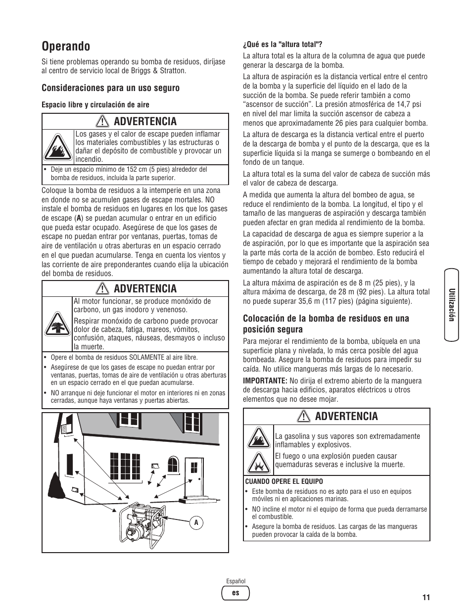 Operando, Advertencia | Briggs & Stratton PROSERIES 205378GS User Manual | Page 31 / 64