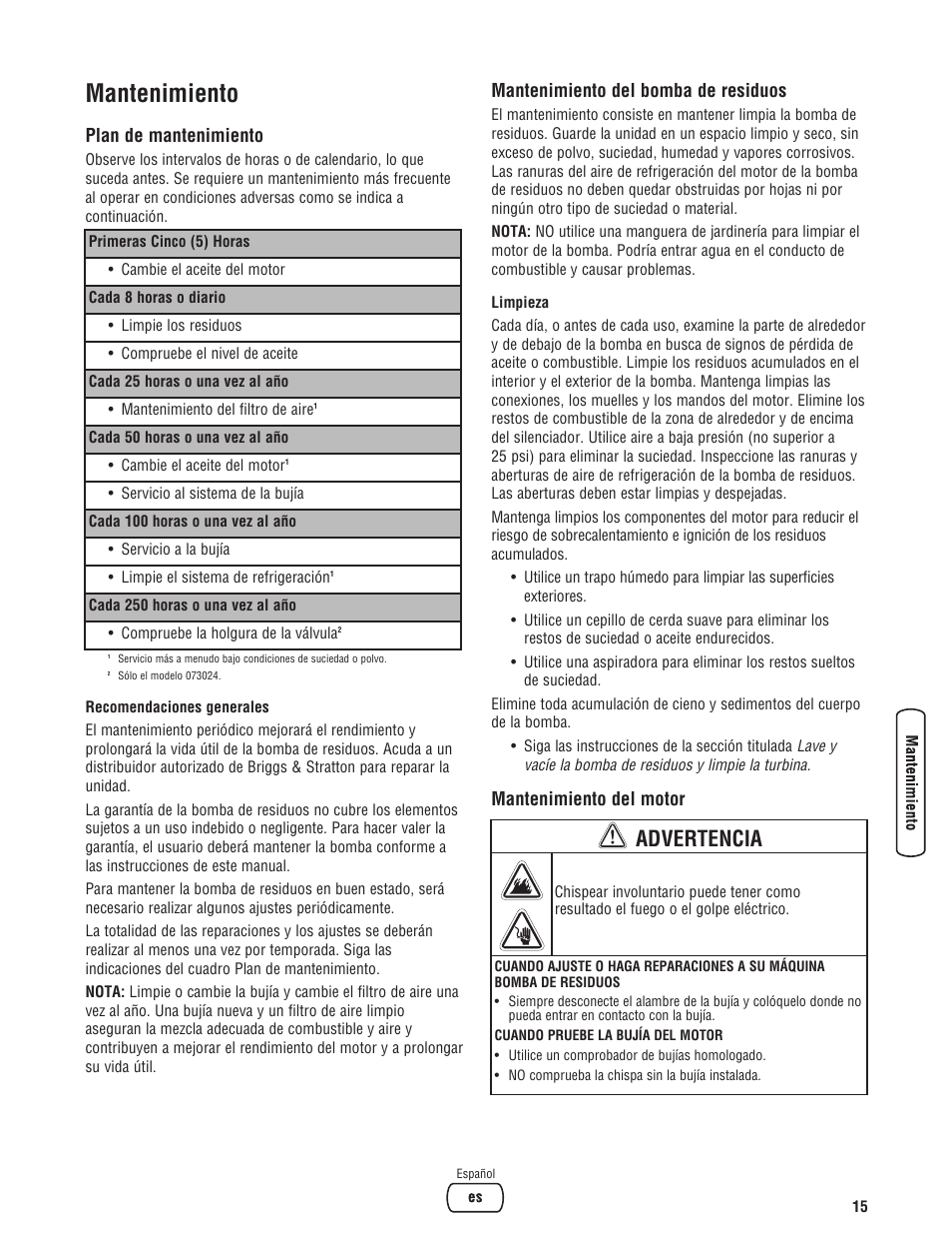 Mantenimiento, Advertencia, Plan de mantenimiento | Mantenimiento del bomba de residuos, Mantenimiento del motor | Briggs & Stratton PROSERIES 205378GS User Manual | Page 35 / 64