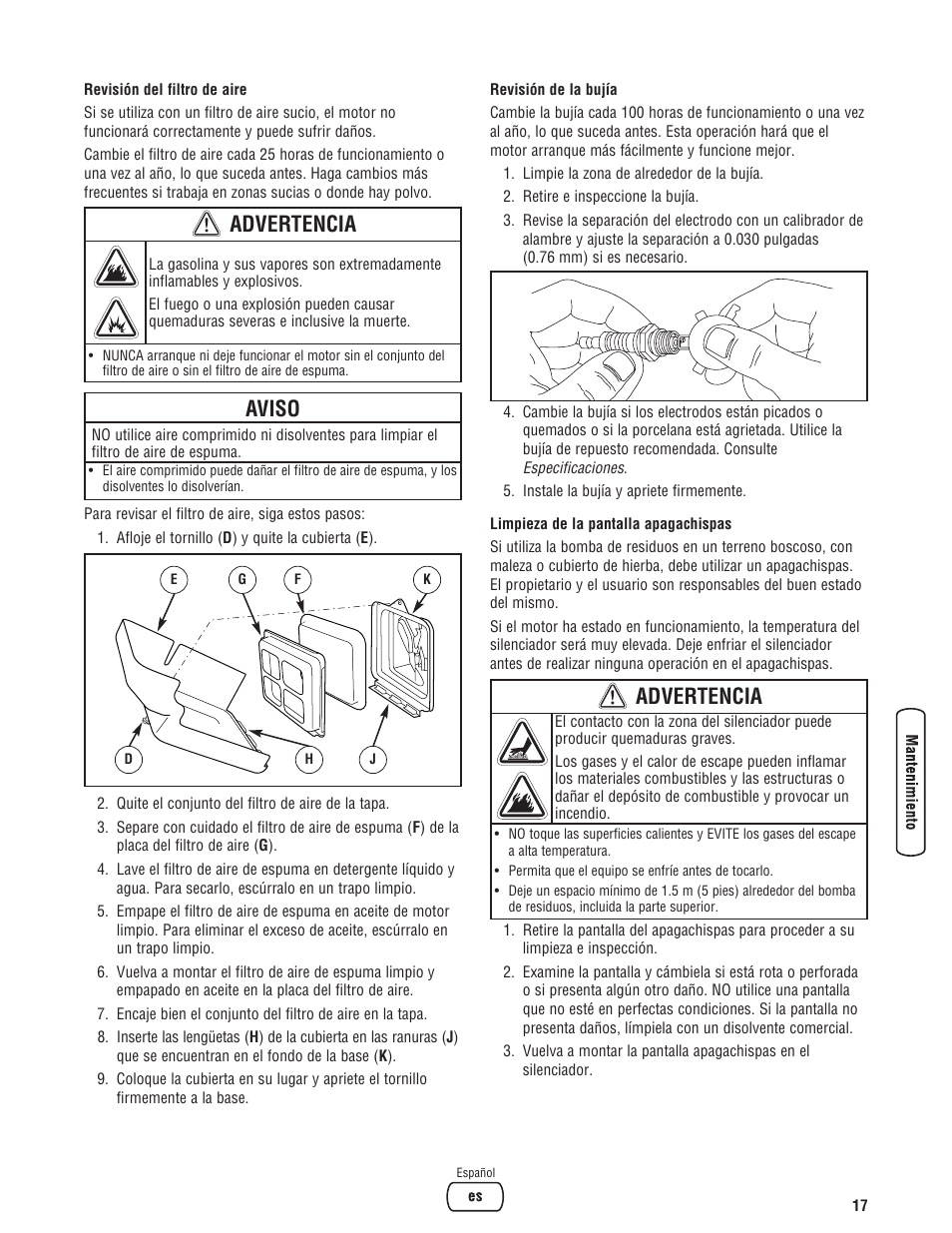 Aviso, Advertencia | Briggs & Stratton PROSERIES 205378GS User Manual | Page 37 / 64