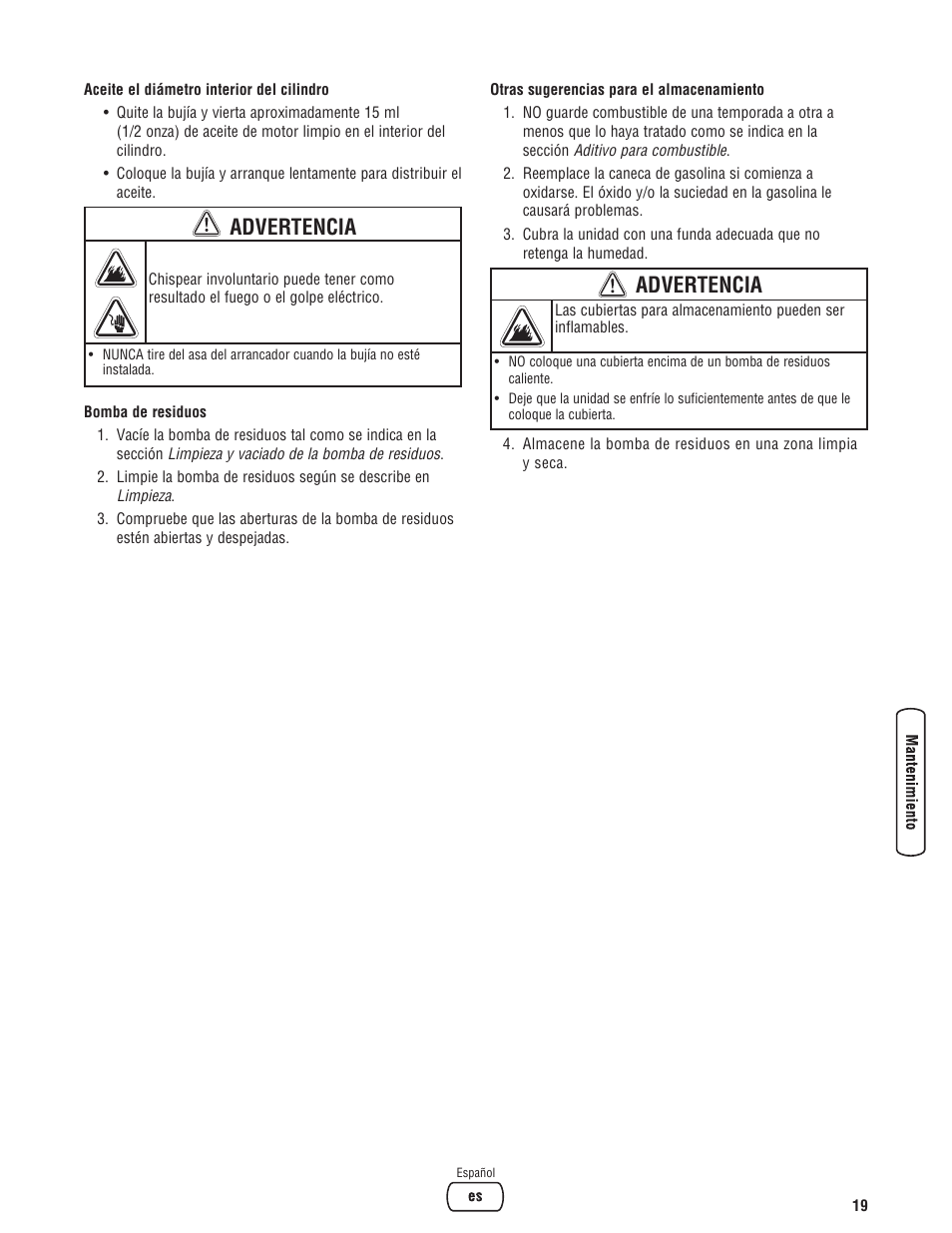Advertencia | Briggs & Stratton PROSERIES 205378GS User Manual | Page 39 / 64