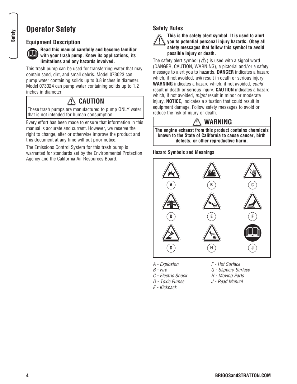 Operator safety, Equipment description safety rules, Warning | Caution | Briggs & Stratton PROSERIES 205378GS User Manual | Page 4 / 64