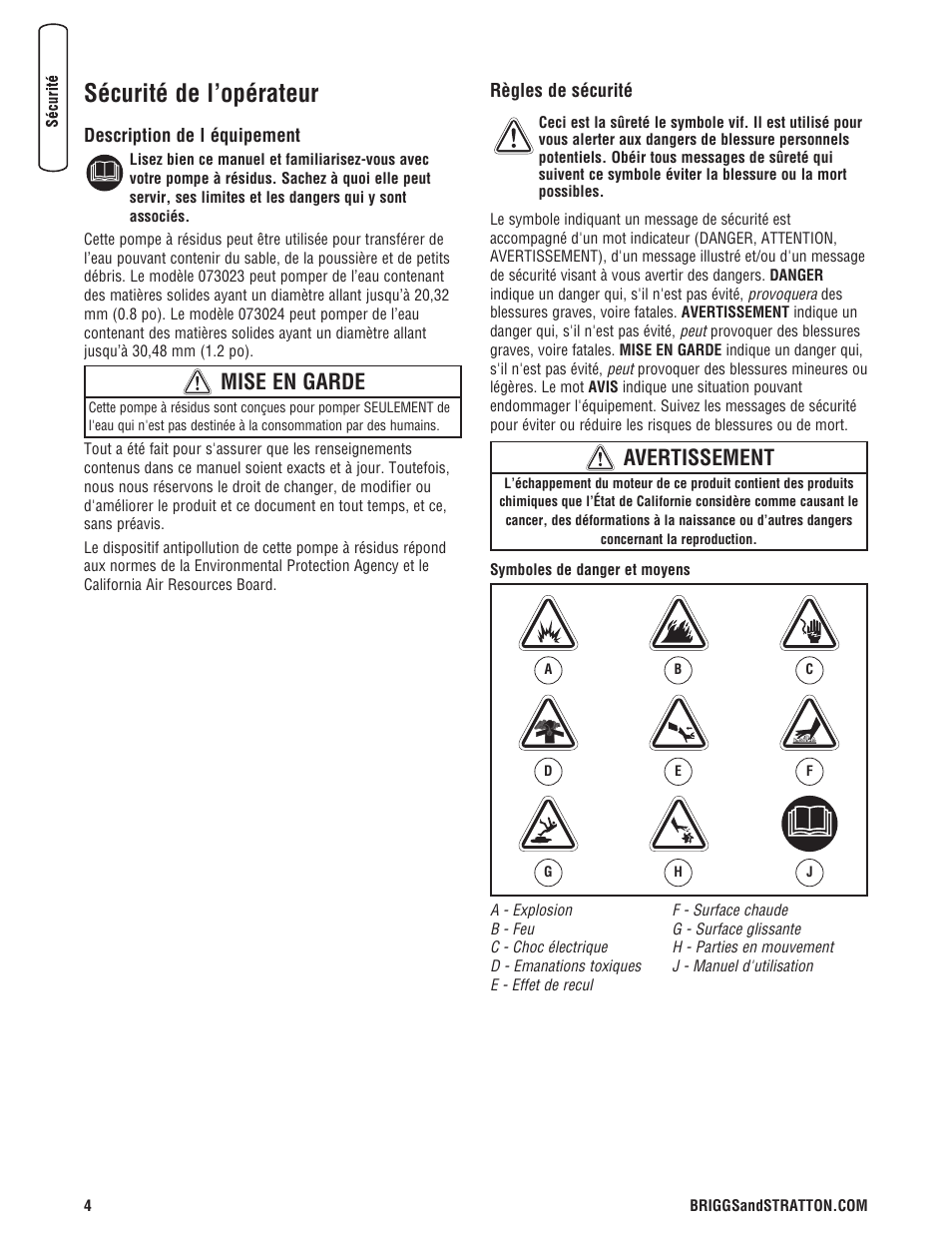 Sécurité de l’opérateur, Mise en garde, Avertissement | Briggs & Stratton PROSERIES 205378GS User Manual | Page 46 / 64