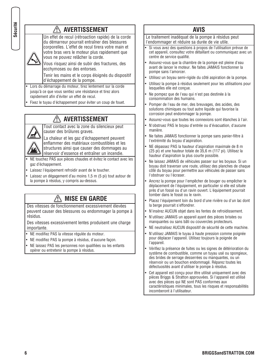 Avertissement, Mise en garde, Avis | Briggs & Stratton PROSERIES 205378GS User Manual | Page 48 / 64