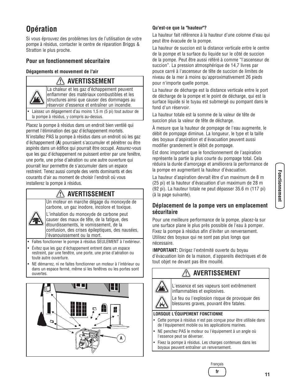 Opération, Avertissement | Briggs & Stratton PROSERIES 205378GS User Manual | Page 53 / 64