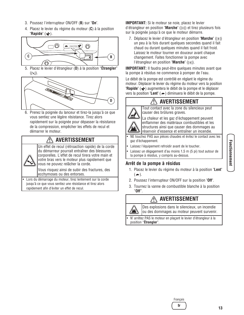 Avertissement | Briggs & Stratton PROSERIES 205378GS User Manual | Page 55 / 64