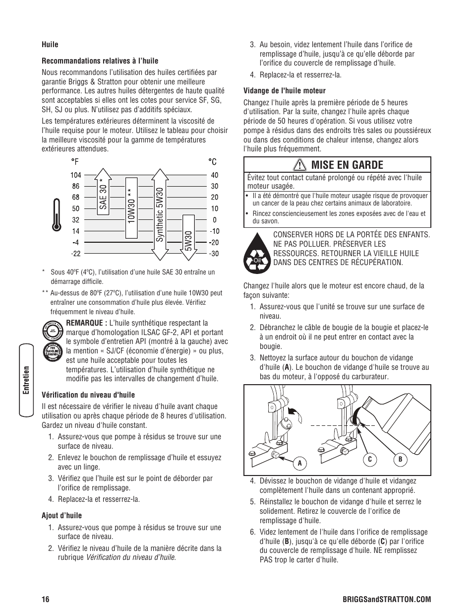 Mise en garde | Briggs & Stratton PROSERIES 205378GS User Manual | Page 58 / 64
