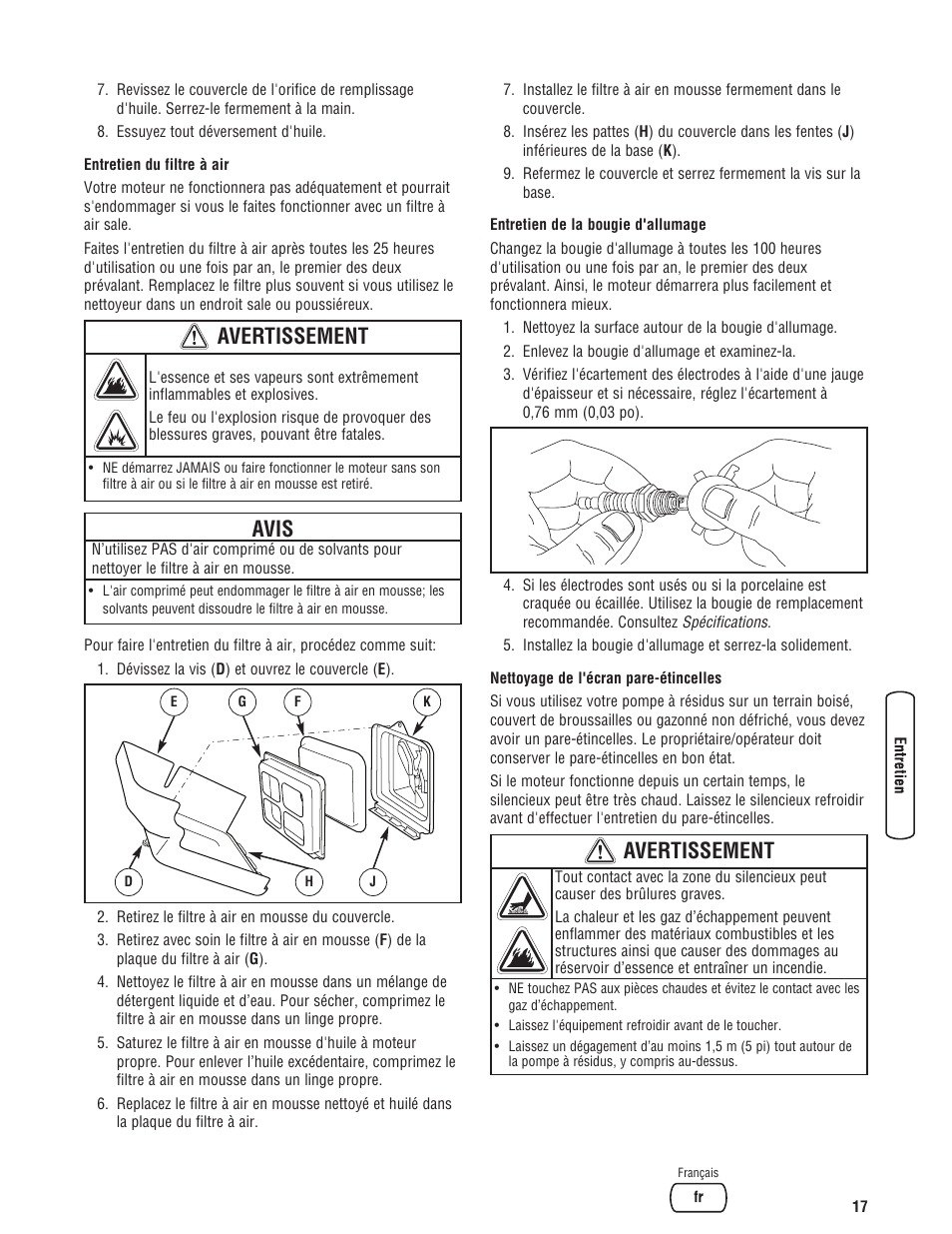 Avertissement, Avis | Briggs & Stratton PROSERIES 205378GS User Manual | Page 59 / 64