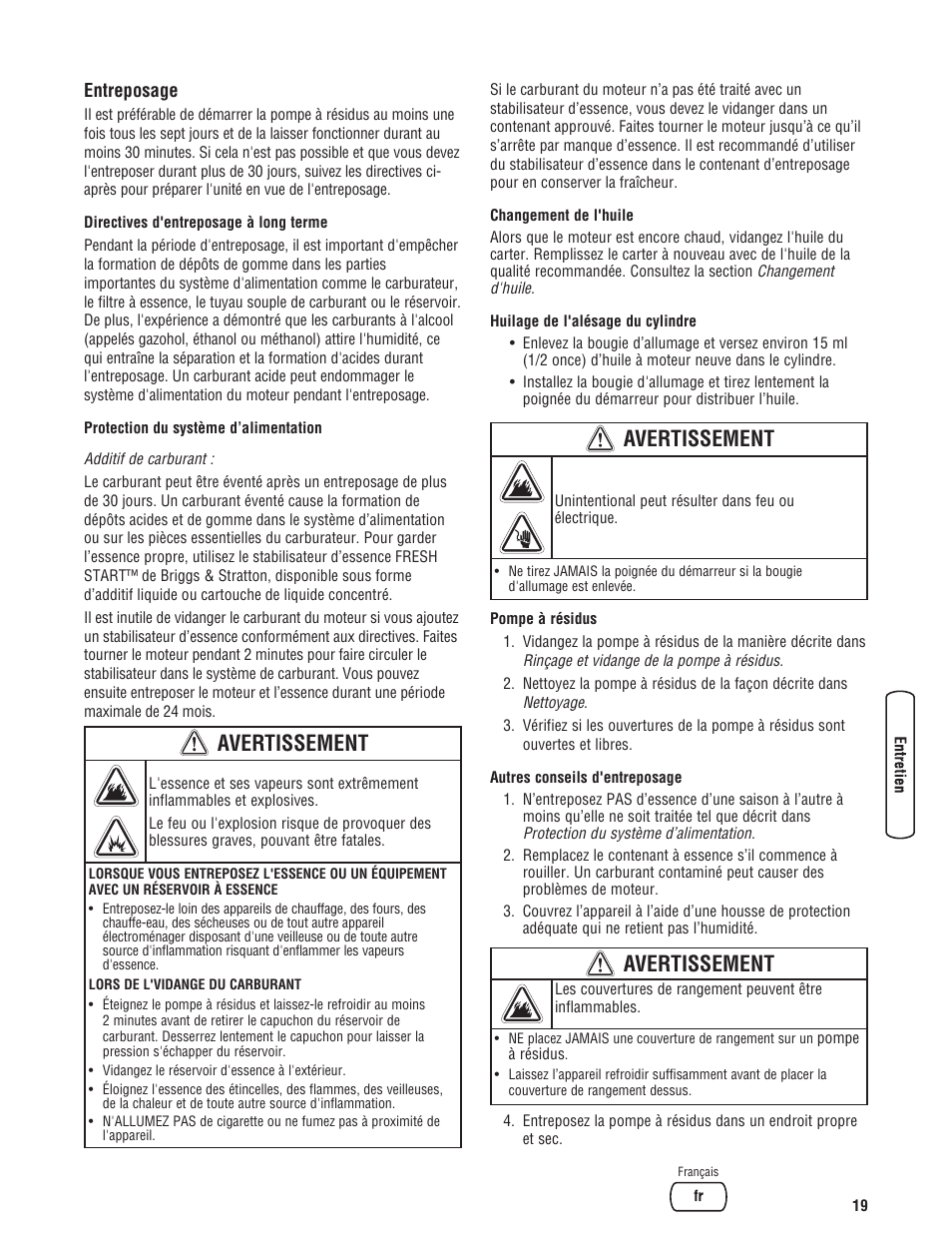 Avertissement | Briggs & Stratton PROSERIES 205378GS User Manual | Page 61 / 64