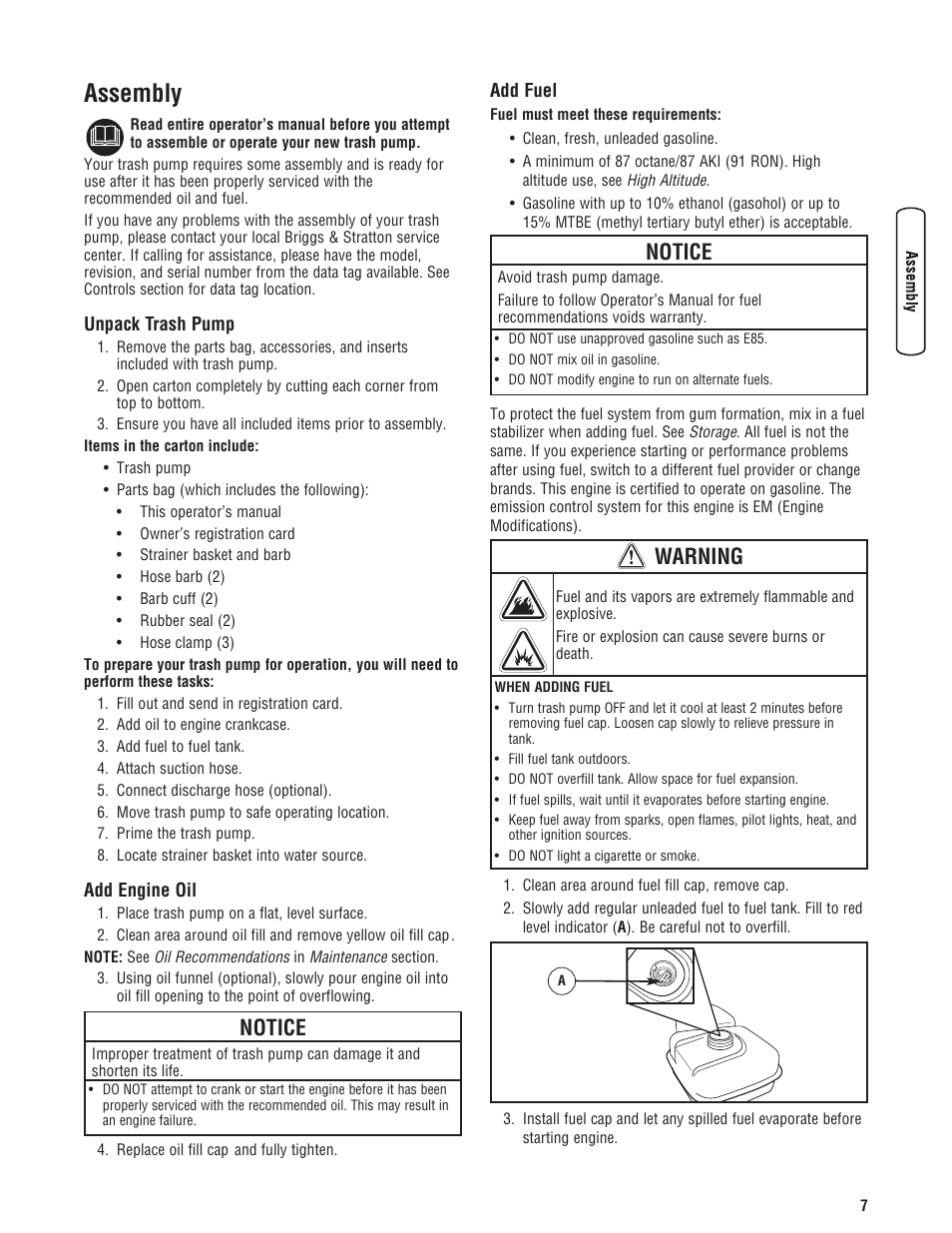 Assembly, Unpack trash pump add engine oil add fuel, Notice | Warning | Briggs & Stratton PROSERIES 205378GS User Manual | Page 7 / 64