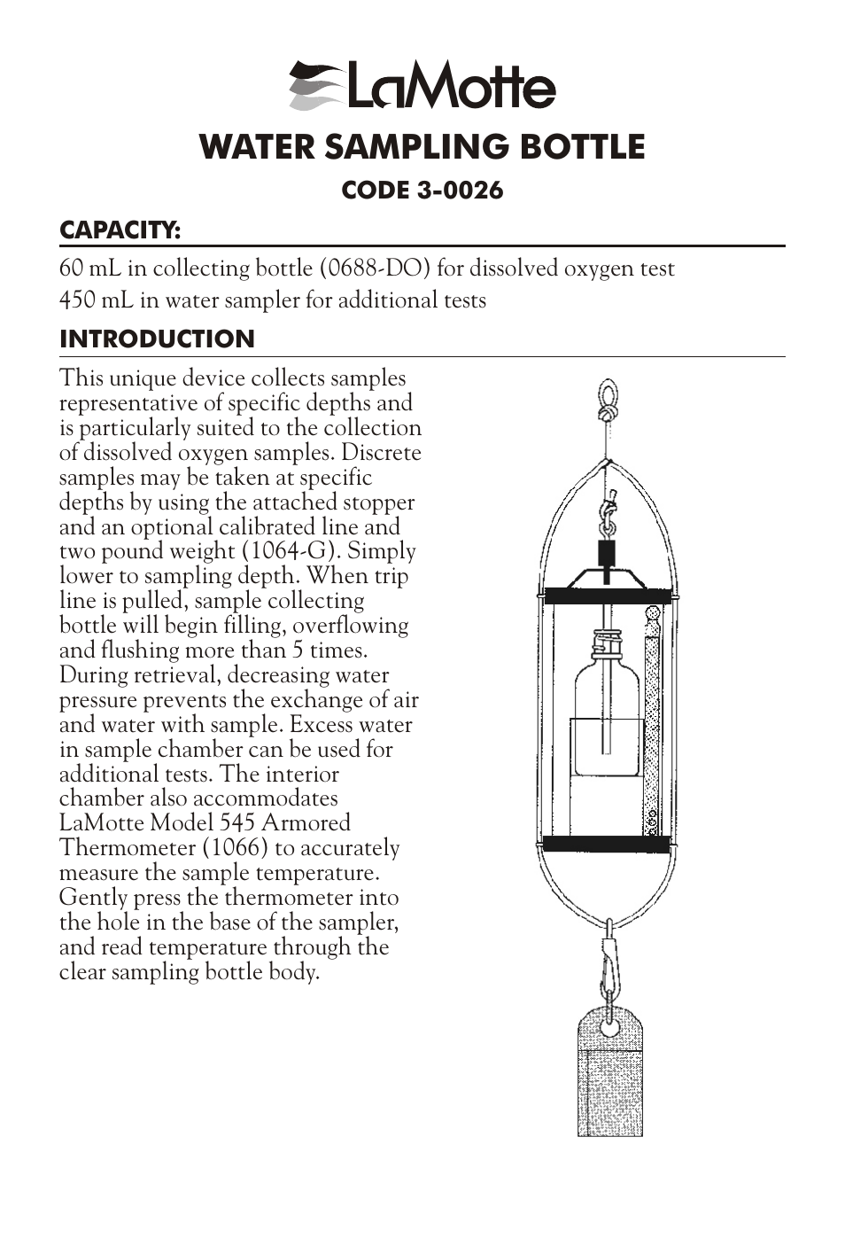 LaMotte WATER SAMPLING BOTTLE 3-0026 User Manual | 2 pages