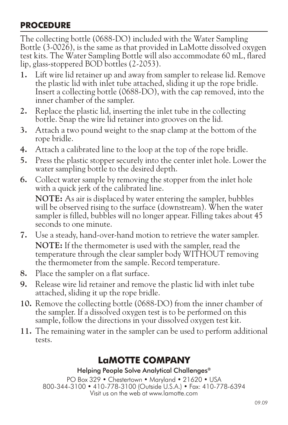 Lamotte com pany | LaMotte WATER SAMPLING BOTTLE 3-0026 User Manual | Page 2 / 2