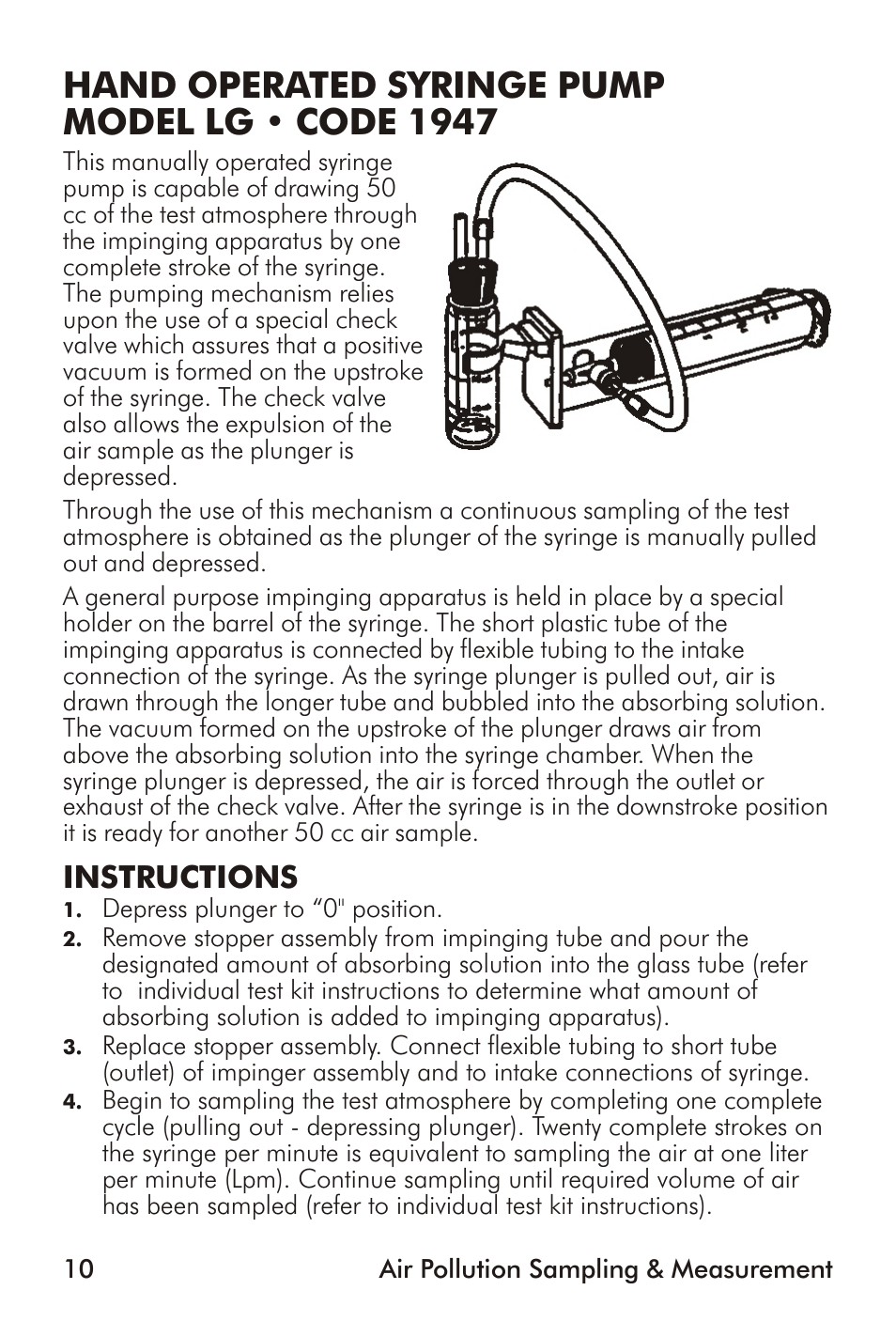 Hand operated syringe pump model lg • code 1947, Instructions | LaMotte Air Pollution Sampling & Measurement User Manual | Page 10 / 16