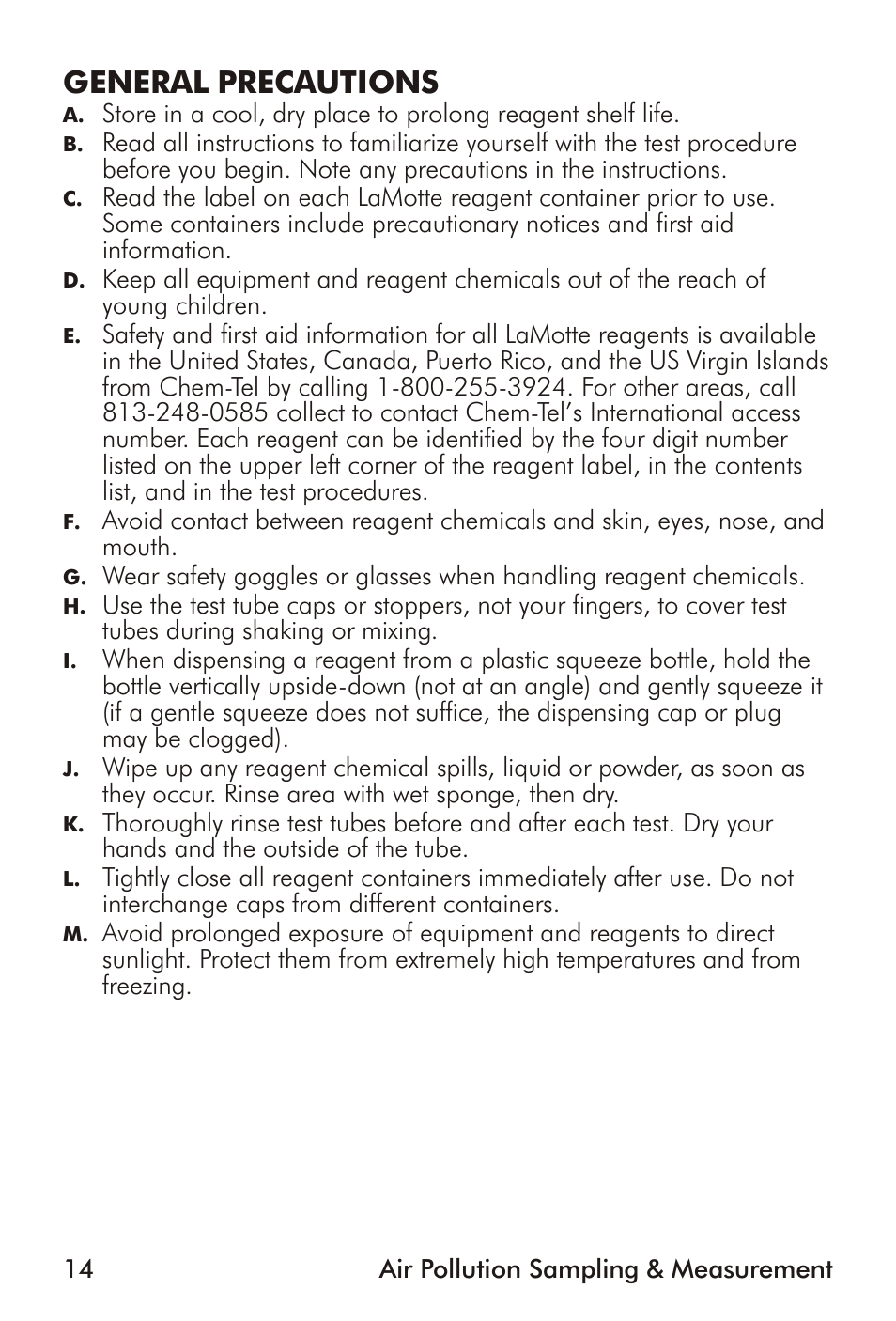 General precautions | LaMotte Air Pollution Sampling & Measurement User Manual | Page 14 / 16