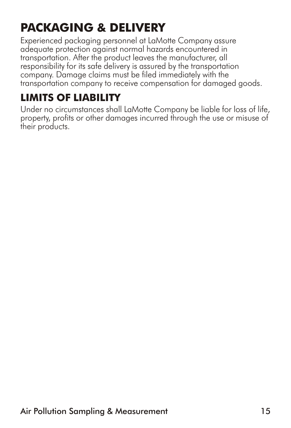 Packaging & delivery | LaMotte Air Pollution Sampling & Measurement User Manual | Page 15 / 16