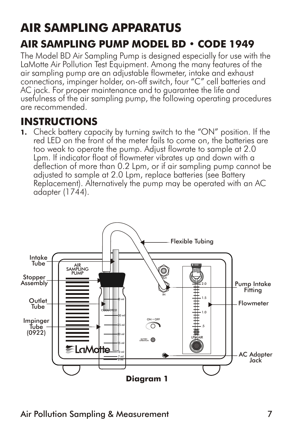 Air sampling apparatus, Air sampling pump model bd • code 1949, Instructions | Diagram 1 | LaMotte Air Pollution Sampling & Measurement User Manual | Page 7 / 16