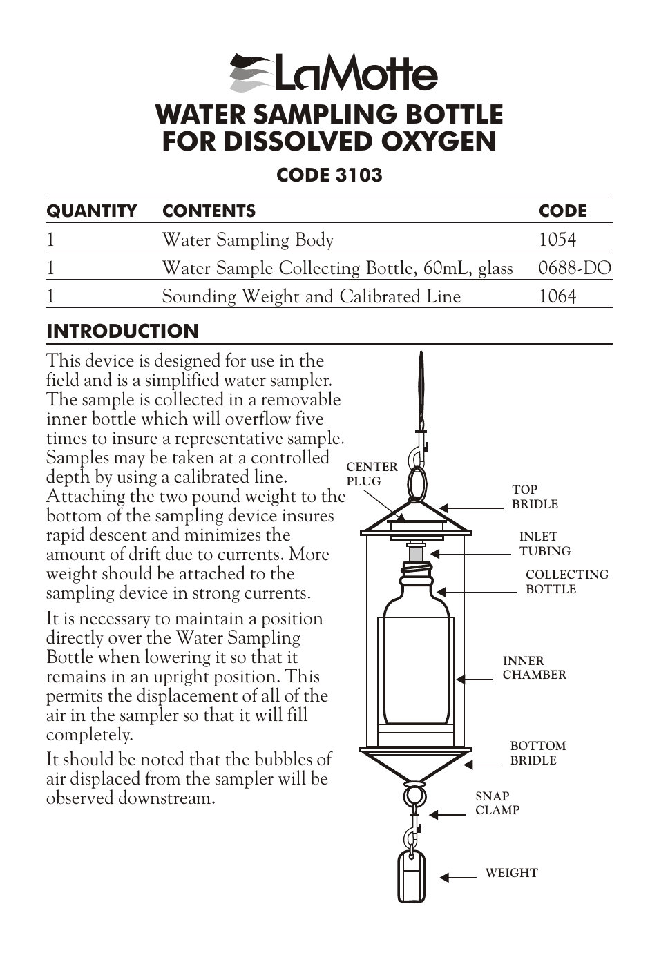 LaMotte WATER SAMPLING BOTTLE FOR DISSOLVED OXYGEN 3103 User Manual | 4 pages