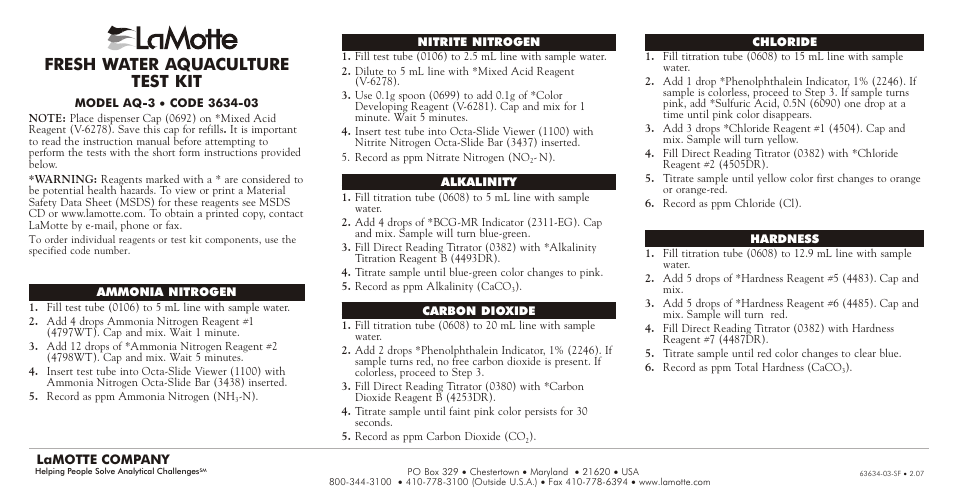 LaMotte AQ-2 Freshwater Aquaculture Kit User Manual | 1 page