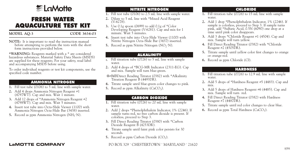 LaMotte AQ-3 Freshwater Aquaculture Kit User Manual | 1 page