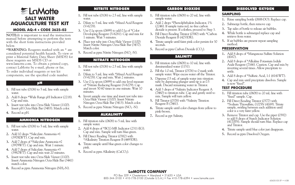 LaMotte AQ-4 Saltwater Aquaculture Kit User Manual | 1 page