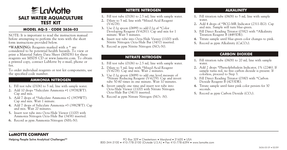 LaMotte AQ-5 Saltwater Aquaculture Kit User Manual | 1 page