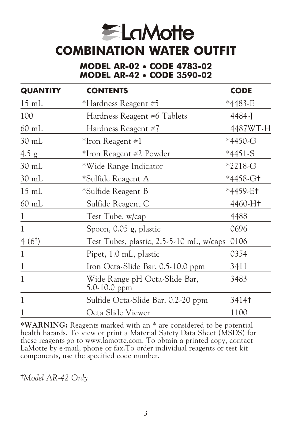 Com bi na tion wa ter out fit | LaMotte AR-42 General Water Analysis Kit User Manual | Page 3 / 8