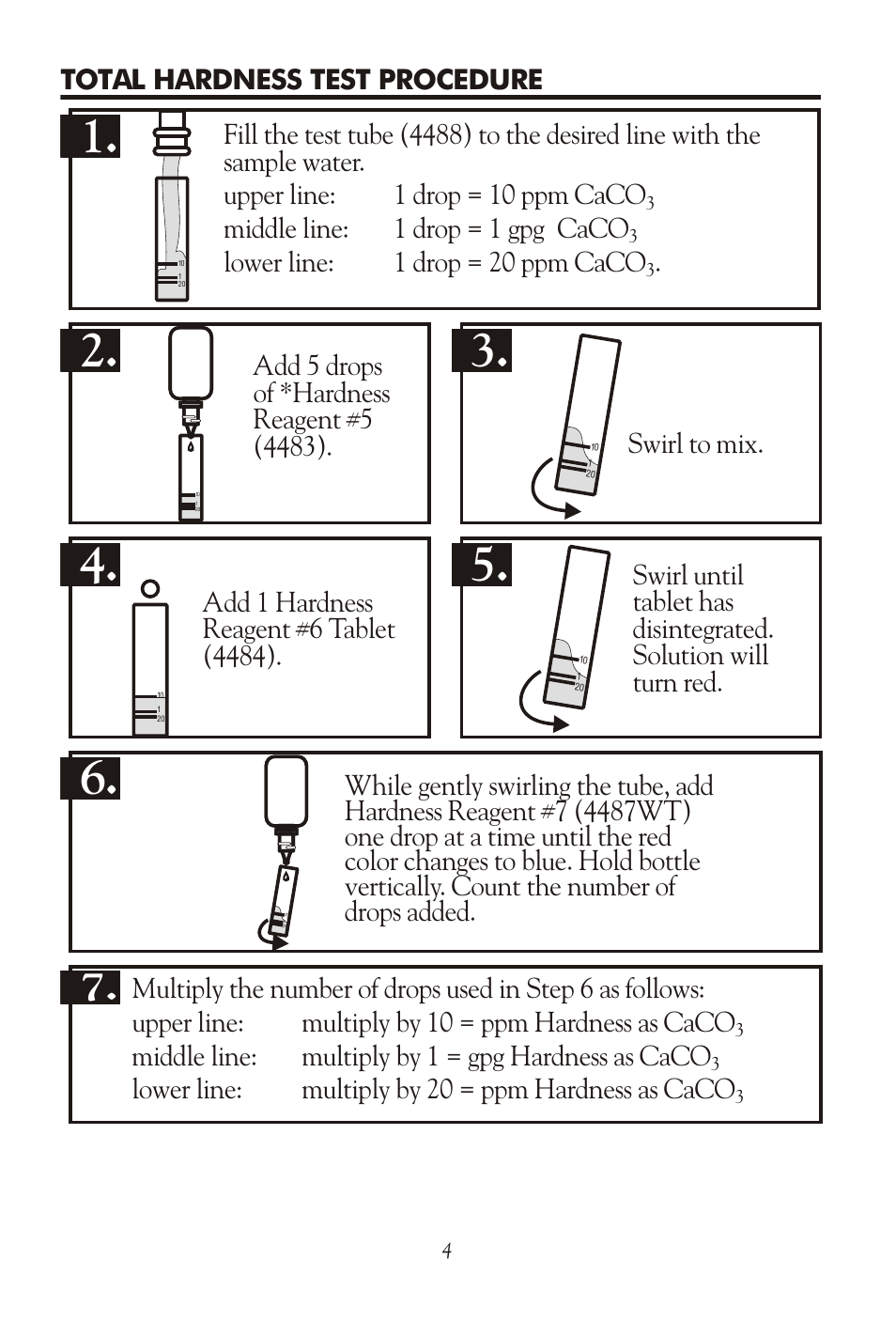 Middle line: multiply by 1 = gpg hardness as caco, Lower line: multiply by 20 = ppm hardness as caco, Middle line: 1 drop = 1 gpg caco | Lower line: 1 drop = 20 ppm caco | LaMotte AR-42 General Water Analysis Kit User Manual | Page 4 / 8