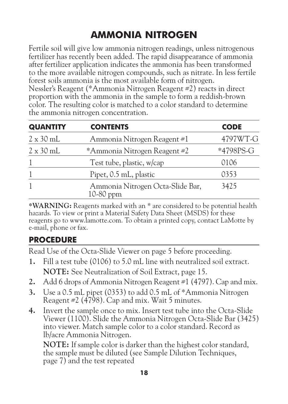 Ammonia nitrogen | LaMotte AST Series Professional Soil Test Outfits User Manual | Page 18 / 40