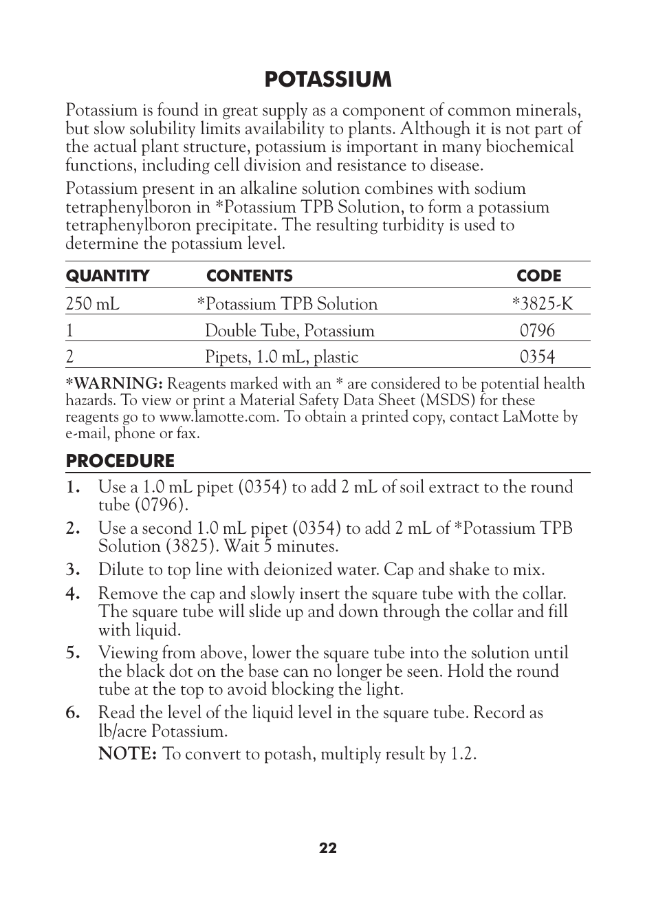 Potassium | LaMotte AST Series Professional Soil Test Outfits User Manual | Page 22 / 40