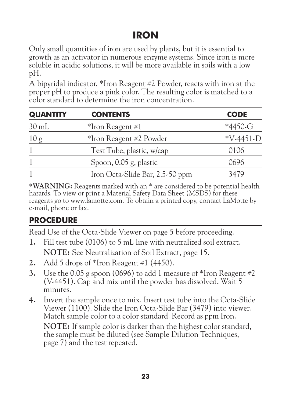 Iron | LaMotte AST Series Professional Soil Test Outfits User Manual | Page 23 / 40
