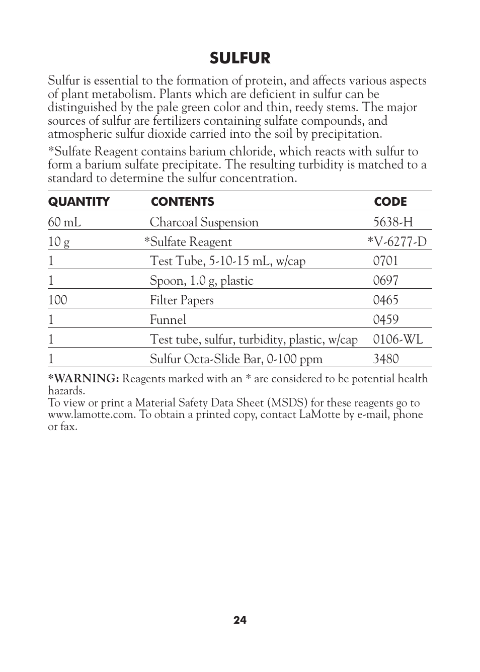 Sulfur | LaMotte AST Series Professional Soil Test Outfits User Manual | Page 24 / 40