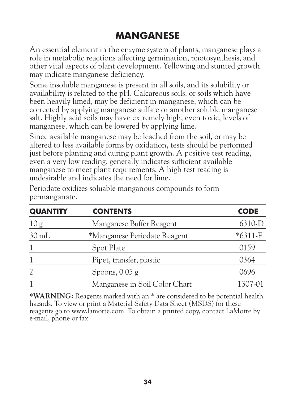 Manganese | LaMotte AST Series Professional Soil Test Outfits User Manual | Page 34 / 40