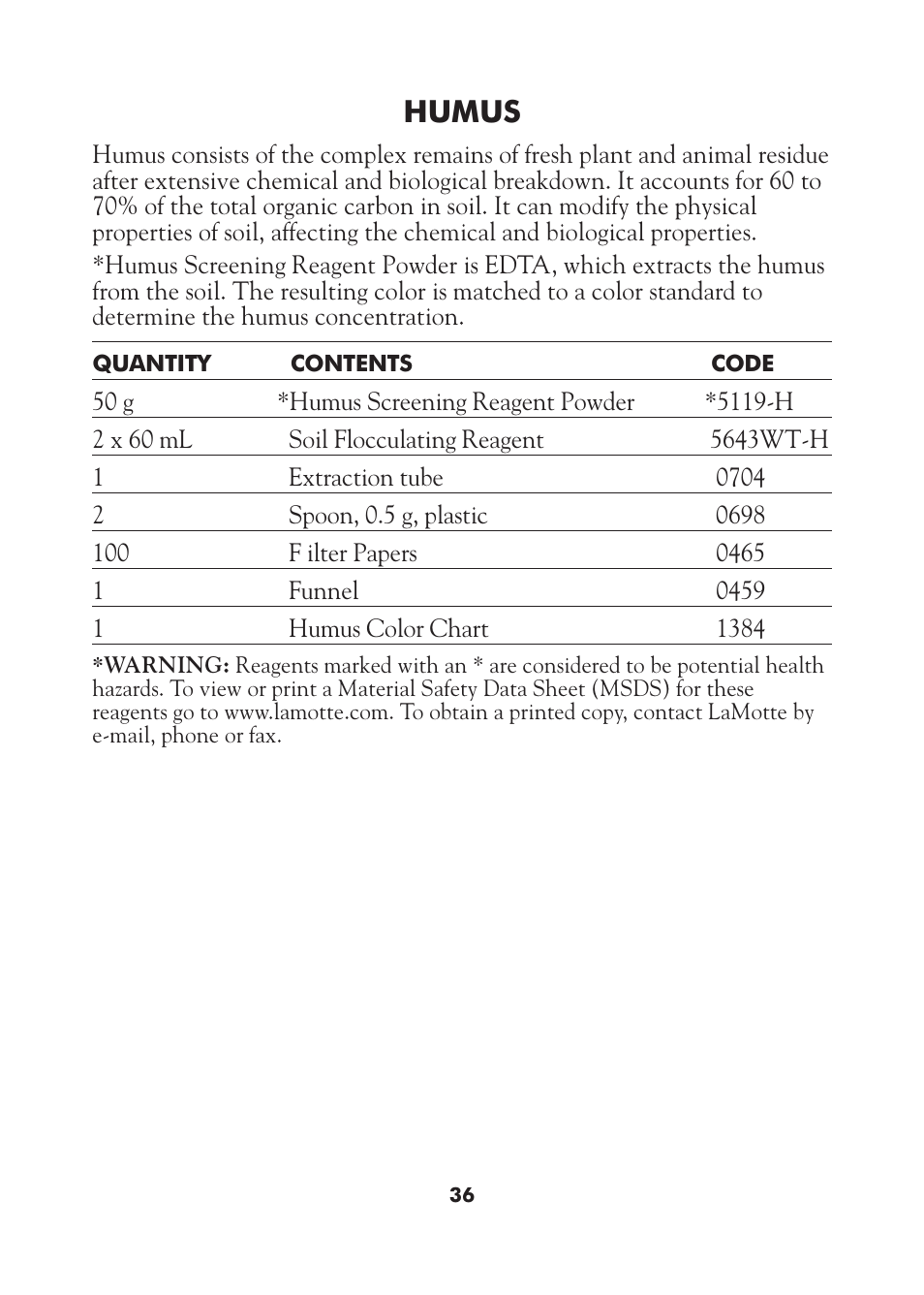 Humus | LaMotte AST Series Professional Soil Test Outfits User Manual | Page 36 / 40