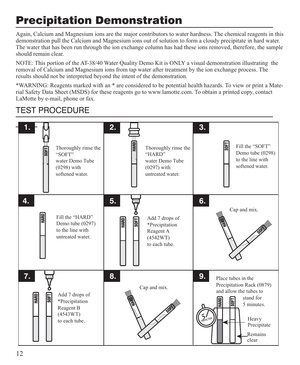 Precipitation demonstration, Test procedure | LaMotte AT Visual Series Water Softener Demo Kit User Manual | Page 12 / 24