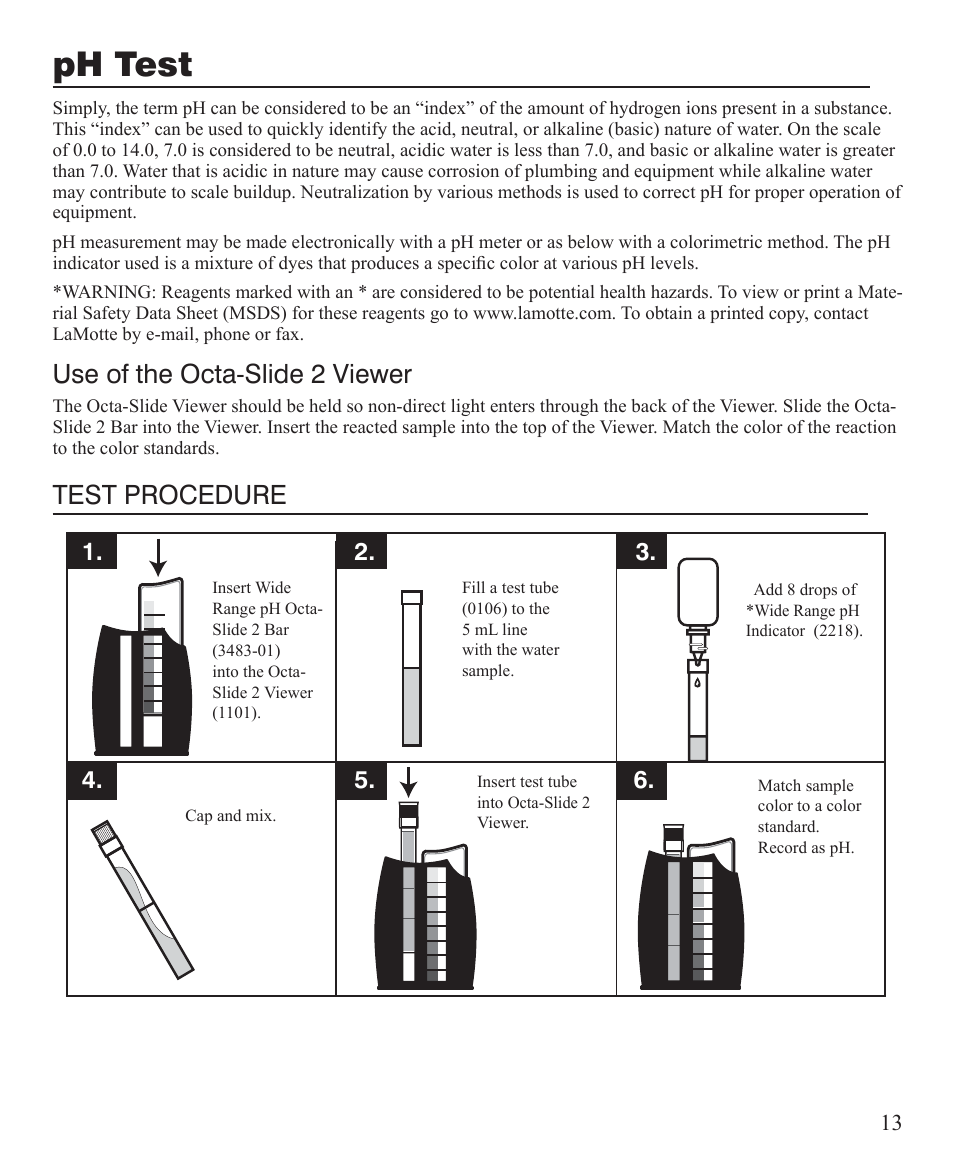 Ph test, Use of the octa-slide 2 viewer, Test procedure | LaMotte AT Visual Series Water Softener Demo Kit User Manual | Page 13 / 24