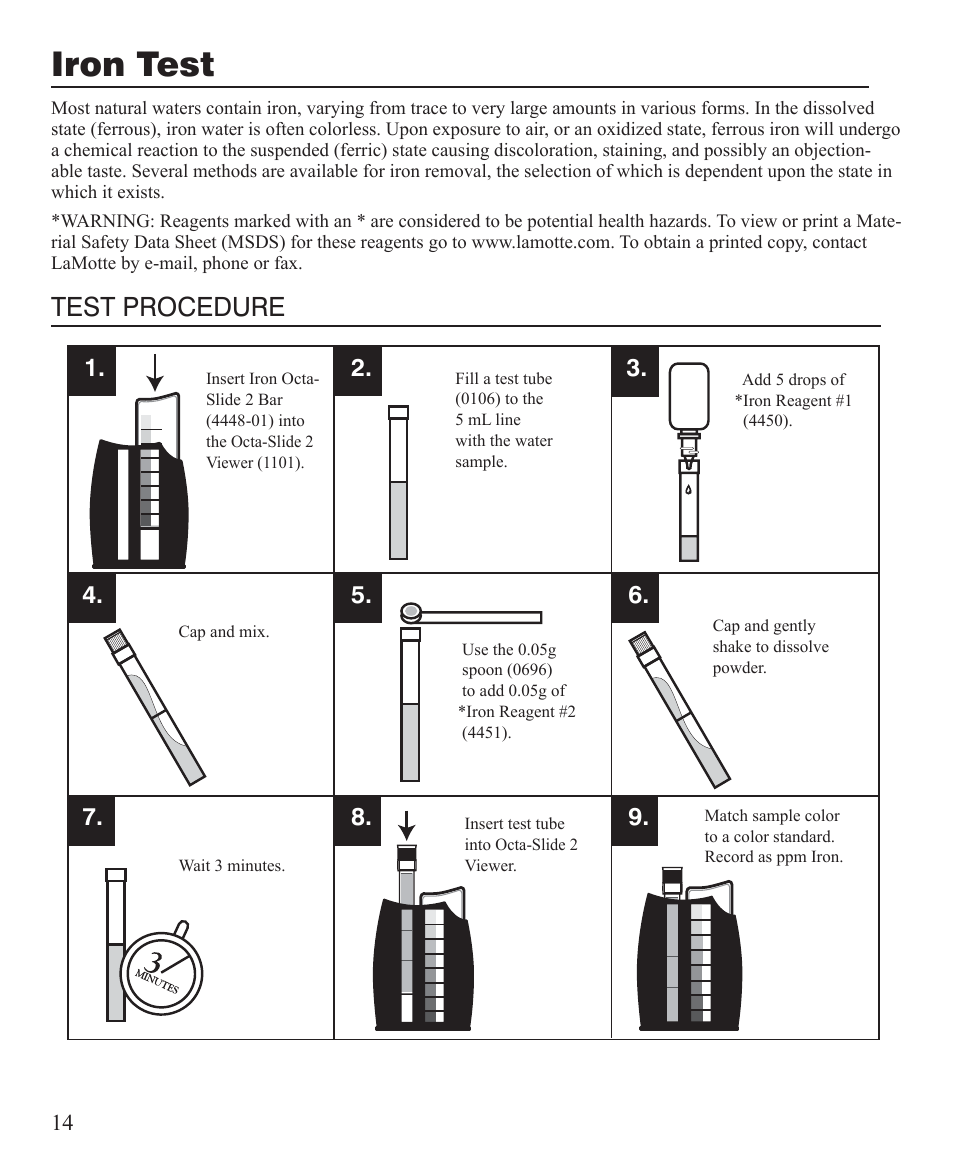 Iron test, Test procedure | LaMotte AT Visual Series Water Softener Demo Kit User Manual | Page 14 / 24