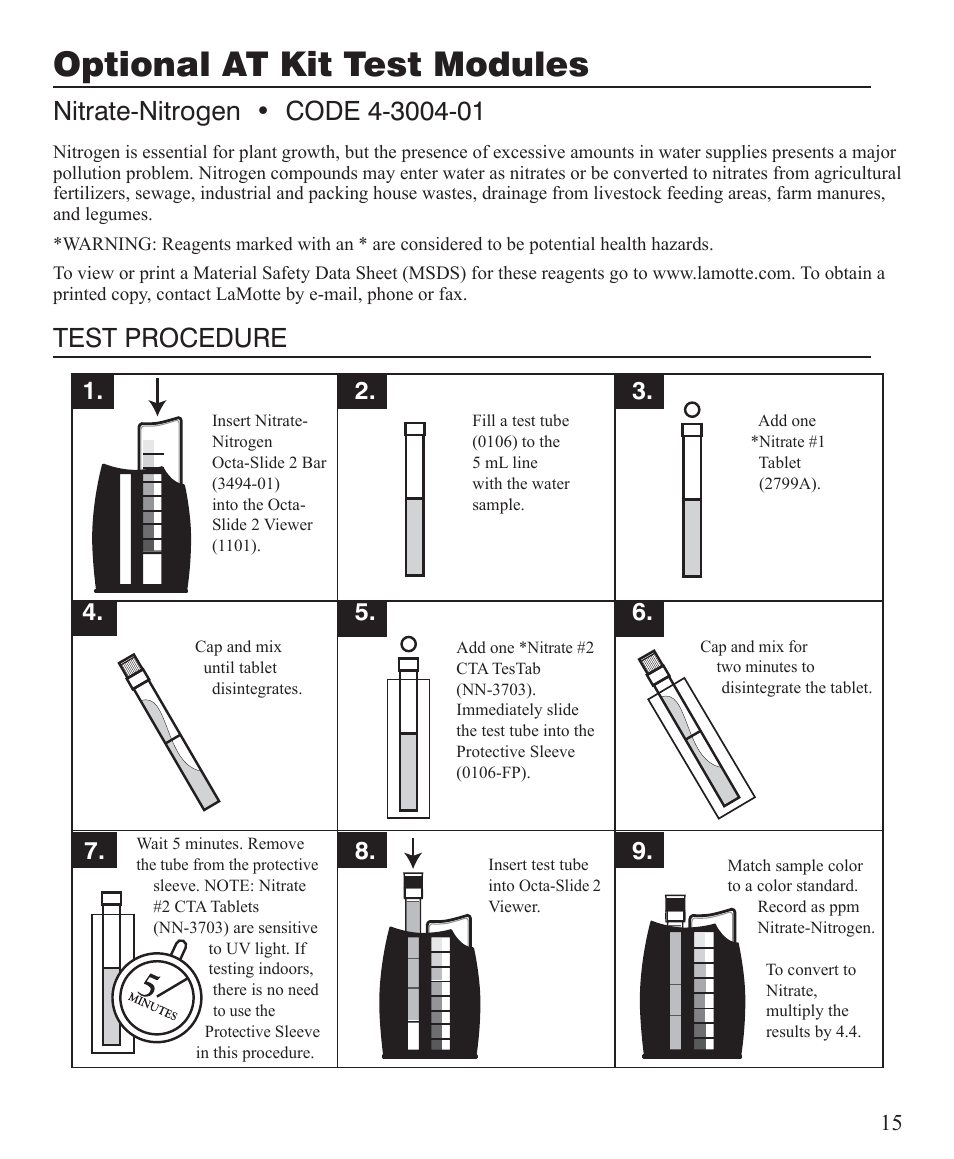 Optional at kit test modules, Test procedure | LaMotte AT Visual Series Water Softener Demo Kit User Manual | Page 15 / 24